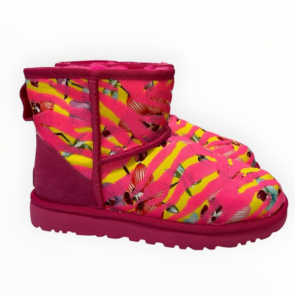 UGG Classic Short Pink Yellow Floral Zebra Sequin Mesh Boots 1123652 Women 9